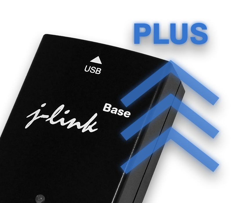 Image of a black USB device labeled "j-link Base." The device features an upward arrow design with the word "PLUS" in blue. The USB port is indicated on the top side, and a small light is visible at the bottom.