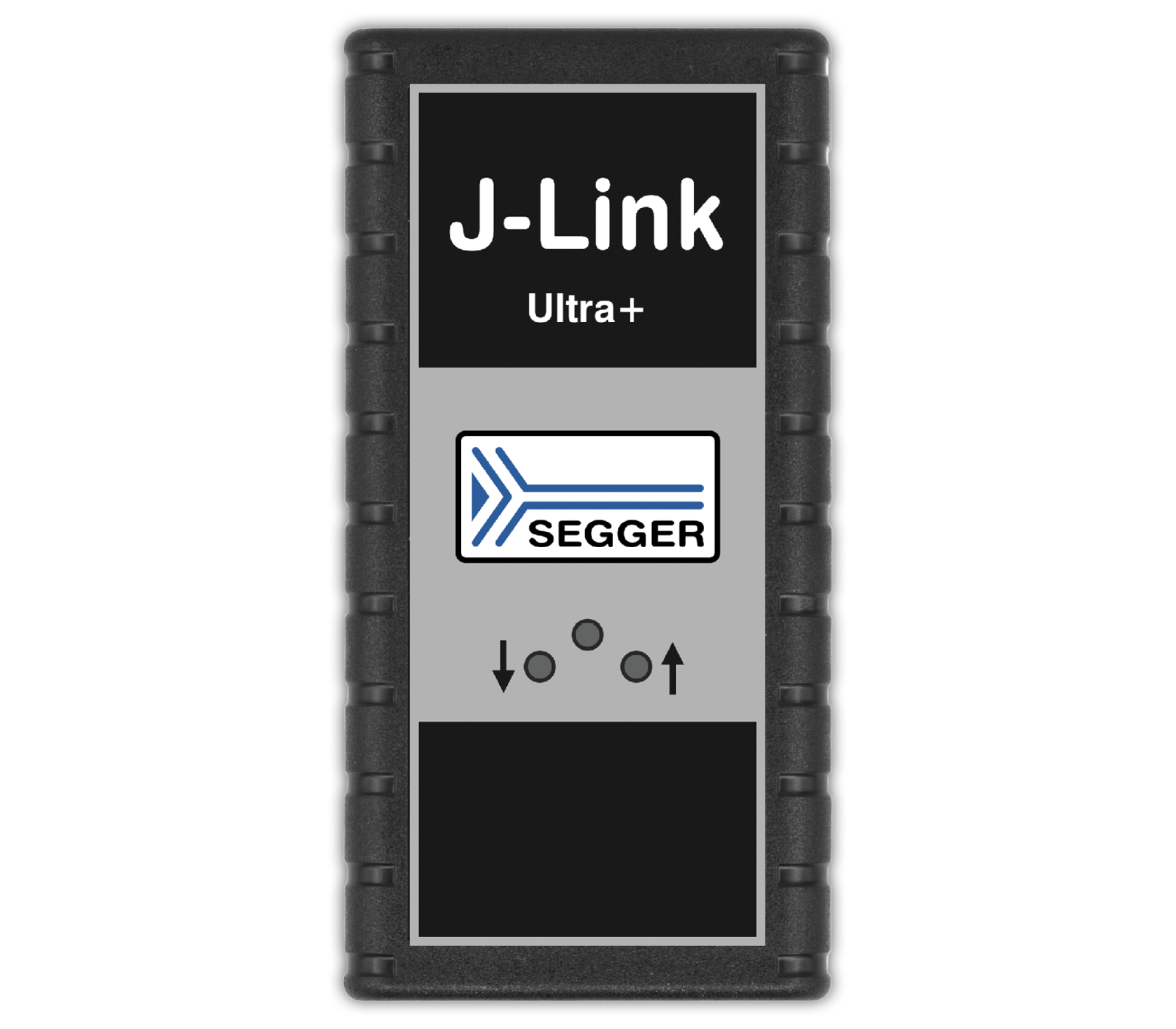 An electronic device labeled "J-Link Ultra+" on a gray background, featuring a blue SEGGER logo and several control buttons, including up, down, and circular arrows. The device has a textured black casing, designed for programming or debugging applications.